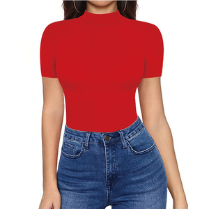 Camiseta de algodón Modal de alta calidad para <span class=keywords><strong>mujer</strong></span>, <span class=keywords><strong>camisetas</strong></span> con cuello simulado, <span class=keywords><strong>camisetas</strong></span> de punto acanalado de Color puro - Product Image 2