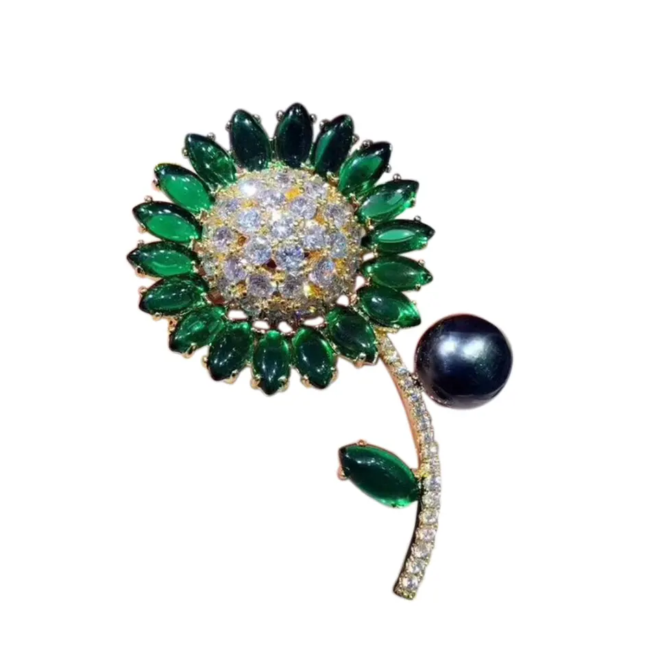 Hot Selling Ladies Green Crytal Vintage Sunflower Brooch