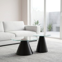 Table basse ronde à plateau en verre trempé et base conique noire, ensemble de tables basses gigognes pour salon