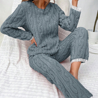 Ensemble deux pièces pour femmes, pyjama d'hiver, ensemble de vêtements de détente en flanelle chaude, pyjama à bordure en dentelle, vêtements de nuit amples