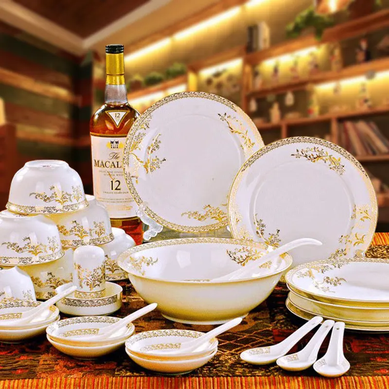 Conjunto de jantar tigela e prato, conjunto de cerâmica para festas, design de luxo, porcelana real, 28 peças, caixa dourada, para uso doméstico, 6 usuários