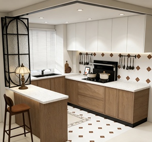 เฟอร์นิเจอร์ตู้ครัวทันสมัยแบบสองสีสั่งทำพิเศษจาก BALOM - ตู้ครัวดีไซน์หรูหราพร้อมชั้นวางของสีขาวด้านบนและสีไม้ด้านล่าง - Product Image 4