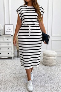 Wholesale Plus-size Women'sround <strong>Collar</strong> Striped Print Strap Waist Women Casual <strong>Dress</strong>