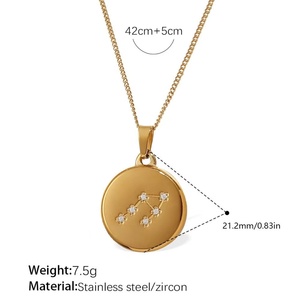Collar de Acero Inoxidable con Signos del Zodiaco, Cadena de Eslabones y Colgante de Disco Redondo con Zirconia como Piedra Principal, Ideal para Regalo - Product Image 4