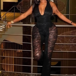 Combinaison longue sexy pour femme, nouvelle collection automne, sans manches, col halter, dos nu, col en V, avec empiècements en dentelle, tendance - Product Image 3