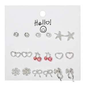 Korean Style 9 Pair <b>Earring</b> Set With Cards Alloy Heart Bow <b>Crystal</b> <b>Studs</b> Fashion Jewelry - Product Image 5