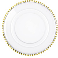 Assiettes de présentation rondes en verre acrylique doré perlé de 13 pouces pour mariage, accessoires de cuisine tendance, vente en gros