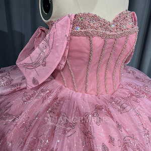 Robe de bal rose Lsmu184 pour Quinceañera, longueur ras du sol, traîne chapelle, en satin moderne et dentelle, robe de soirée Jancember - Product Image 3