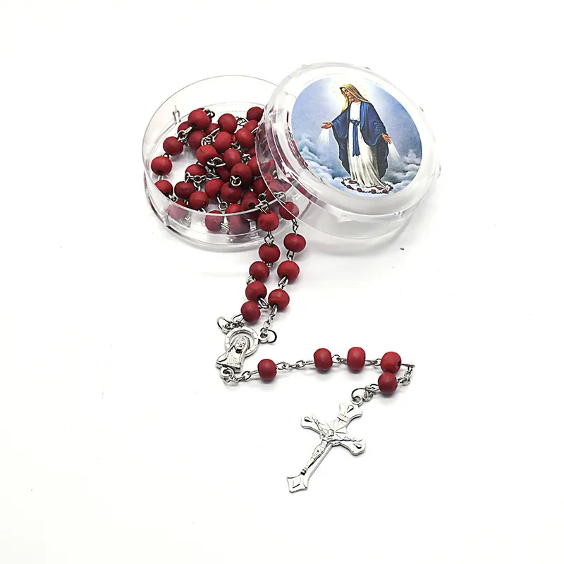 Perle en bois rouge bordeaux de 6mm, collier de chapelet de croix de jésus, Crucifix catholique, colliers de perles en bois avec boîte