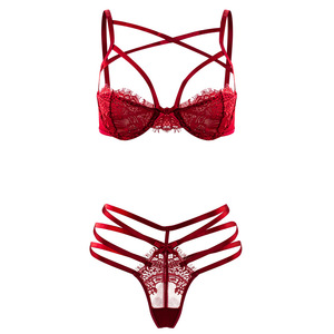 Sexy Criss-Cross Belt Open Cup Hollow Out Wine Red Bow Design Sexy Bra and Panty Set - Product Image 6