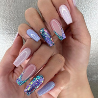 Fournitures pour ongles : Faux ongles à presser en acrylique, longs, style français, avec paillettes dorées et dégradé blanc, design diamant, pour femmes