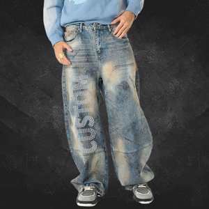 سراويل جينز دينم عالية التمدد بتصميم فضفاض عالي الخصر بحمض مغسول جينز دينم عتيق - Product Image 2