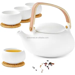Ceramic Teapot with Infuser Bentwood Handle Loose Leaf Japanese Tea Set Matte White Tea Pot with 4 Cups & Rattan Coasters
