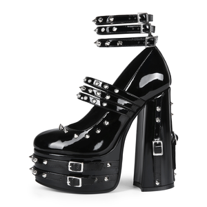 Gothic Spiked Platform Mary Jane <strong>Heels</strong> Black Patent Leather <strong>Ankle</strong> <strong>Strap</strong> Rivet Chunky <strong>Block</strong> High <strong>Heel</strong> Shoes Party Footwear - Product Image 5