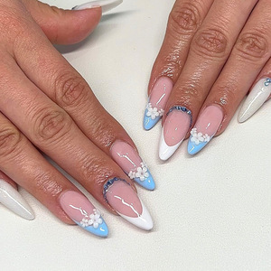 Pegatinas <span class=keywords><strong>de</strong></span> <span class=keywords><strong>Uñas</strong></span> con Diseño <span class=keywords><strong>de</strong></span> Flores Pequeñas Blancas Tridimensionales, Tipo Almendra, Color Azul Francés, con Diamantes Brillantes, <span class=keywords><strong>Uñas</strong></span> <span class=keywords><strong>Postizas</strong></span> - Product Image 2