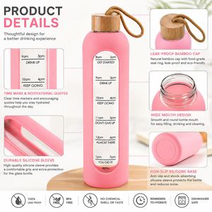Botella de Agua de Vidrio Personalizada de 32 oz con Marcador de Tiempo Motivacional, Funda de Silicona, Tapa de Bambú, Libre de BPA, a Prueba de Fugas, para Deportes - Product Image 4