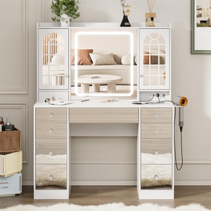 <span class=keywords><strong>Coiffeuse</strong></span> transfrontalière avec miroir, <span class=keywords><strong>LED</strong></span>, prise électrique et tiroir de rangement pour maquillage et chambre - Product Image 2