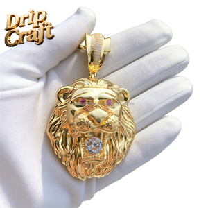 Ciondolo a Forma di Testa di Leone <span class=keywords><strong>in</strong></span> Stile Hip-hop Punk con Grande Zircone nella <span class=keywords><strong>Bocca</strong></span>, Set di Gioielli di Alta Qualità <span class=keywords><strong>in</strong></span> Rame Puro - Product Image 3