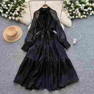 Vestido Midi Casual Estilo Americano de Otoño para Mujer, Vestido de Malla con Estampado de Leopardo, Corte Imperio, Negro y Blanco - Product Image 2