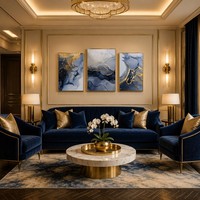 Triptyque mural abstrait bleu marine encadré or, impression sur toile à l'encre d'alcool fluide, texture marbre, veine dorée, décoration moderne de luxe