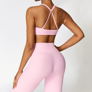 Completo <span class=keywords><strong>Sportivo</strong></span> Personalizzato da Donna, <span class=keywords><strong>Reggiseno</strong></span> <span class=keywords><strong>Sportivo</strong></span> <span class=keywords><strong>Rosa</strong></span> con Incrocio sulla Schiena e Leggings per Yoga - Product Image 1