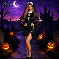 Kostum Cosplay Biarawati Seksi Gaun Satin untuk Permainan Peran dengan Lengan Jala Transparan dan Hiasan Renda untuk Pesta Halloween.