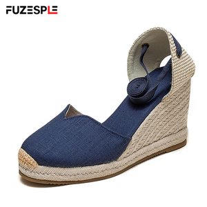 New Arrival Womens <strong>Navy</strong> Linen <strong>Wedge</strong> <strong>Espadrilles</strong> Closed Toe Lace Up Ankle Wrap Woven Straw V Cut Sandals Casual Summer Footwear - Product Image 1