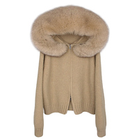 Manteau cardigan en tricot pour femme 2025, vêtement d'extérieur décontracté chaud d'hiver, respirant, capuche, col en fourrure de renard de luxe, doublure en laine teinte