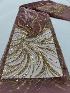 Tela de Terciopelo Floral con <span class=keywords><strong>Lentejuelas</strong></span> Doradas y Pedrería Bordada, Estilo Lujoso K/C, para Vestidos de Noche y de Novia - Product Image 6