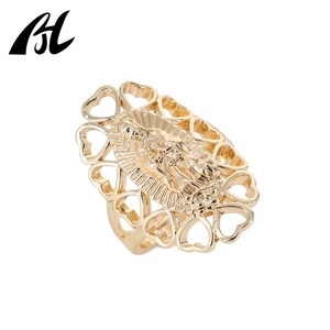 Bague en or 14 carats avec cœur de fleur de cerisier de la Vierge Marie - Bijoux en laiton chrétien à trois couleurs de la Vierge de Guadalupe - Product Image 3