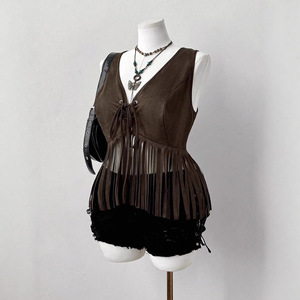 <span class=keywords><strong>Gilet</strong></span> <span class=keywords><strong>long</strong></span> en daim pour <span class=keywords><strong>femme</strong></span>, style western, col en V, sans manches, à franges, coupe ajustée, nouvelle collection été, vente en gros - Product Image 4