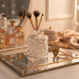 Pot de <span class=keywords><strong>rangement</strong></span> en verre de style européen, luxe léger, avec couvercle, polyvalent, finition brillante, pour décoration intérieure, idéal pour cotons-tiges, cure-dents, snacks, sucre en cubes - Product Image 1