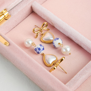 Heart-Shaped Pearl Drop <b>Earrings</b> With <b>Blue</b> Floral Bead Gold Bow Stainless Steel <b>Studs</b> For Women Everyday Wear - Product Image 4