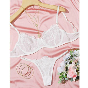 Ensemble de Lingerie en Dentelle Blanche Rose pour Femme, Soutien-Gorge à Armatures en Maille et Culotte String, Ensemble 2 Pièces Confortable et Transparent - Product Image 6