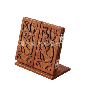 Solid Wood <b>Foldable</b> Three Sided Makeup <b>Mirror</b> With Clover Carving Desktop Ornament - Product Image 4