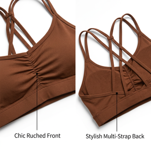 Women Premium Espresso Brown Seamless Yoga Set with Ruched V Neck Sports Bra and <b>Booty</b> Scrunch High Waist Sculpting <b>Leggings</b> - Product Image 5