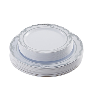 Assiettes jetables en plastique écologiques à rayures argentées, 60 pièces de 7,5 pouces et 60 pièces de 10,25 pouces, style classique pour les fêtes - Product Image 1