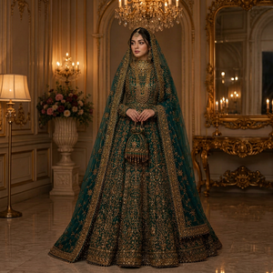 Lehenga Choli de mariée en soie verte, manches longues, longueur ras du sol, traîne détachable, style vintage, silhouette trapèze, broderie Resham - Product Image 1