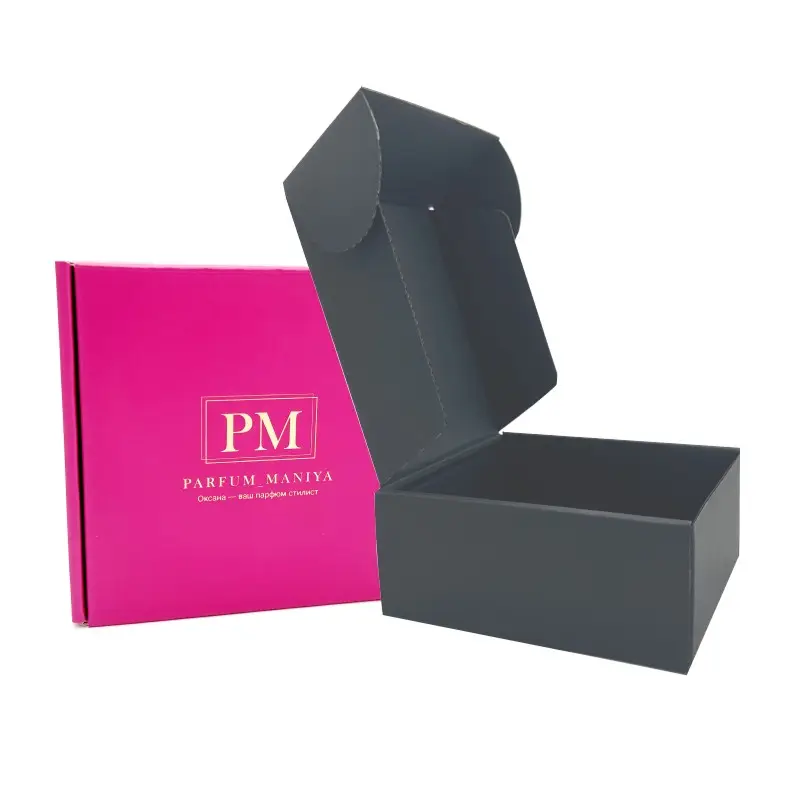 Caja de envío de correo de regalo de cartón negro personalizado de lujo caja de cartón de embalaje de papel corrugado con caja rosa