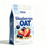 Herbruikbare, opstaande zak van PE-plastic voor fruitoatmeal, noten en muesli, met platte bodem, geschikt voor voedsel, en hersluitbaar.