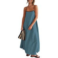 Robe d'été élégante en lin tissé numérique pour femme, coupe trapèze, longueur genou, bretelles fines, sans manches, dos nu, idéale pour la plage