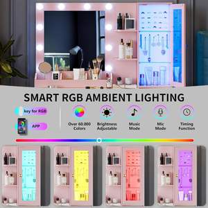 Juego de tocador de maquillaje moderno con espejo <span class=keywords><strong>y</strong></span> luces-5 cajones de almacenamiento Toma de corriente incorporada RGB Glow, brillo ajustable rosa - Product Image 2