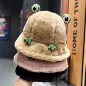 겨울 만화 개구리 플러시 버킷 모자 여성용 두꺼운 따뜻한 푹신한 모피 파나마 모자 야외 버킷 캡 캐주얼 휴가
