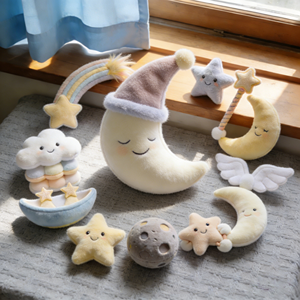 Jouets <span class=keywords><strong>en</strong></span> peluche personnalisés à faible MOQ, motif lune avec bonnet de nuit, nuage <span class=keywords><strong>arc</strong></span>-<span class=keywords><strong>en</strong></span>-<span class=keywords><strong>ciel</strong></span>, étoile, planète, animaux <span class=keywords><strong>en</strong></span> peluche pour enfants, idéaux pour le jeu et la chambre à coucher - Product Image 1