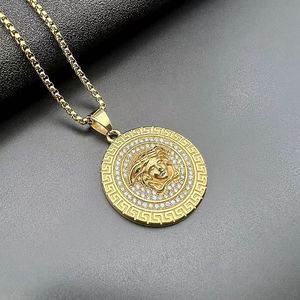 <b>Titanium</b> Steel Gold Plated Rhinestone Face Pendant Necklace Unisex Party Jewelry Geometric Design Pave Setting DZ888 - Product Image 2