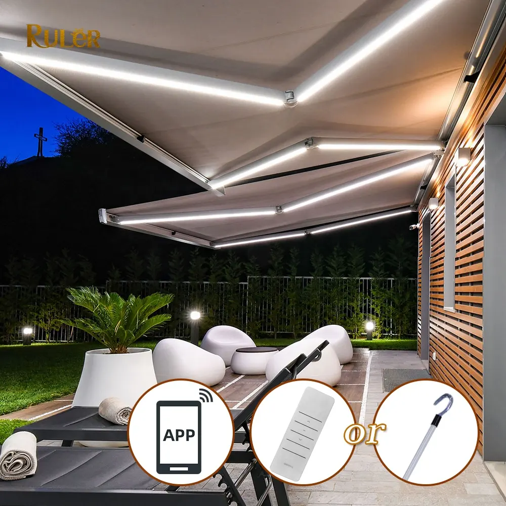 Fornitori di tende da sole tenda da sole a braccio retrattile a cassetta completa in tessuto acrilico impermeabile elettrico esterno con luce a LED