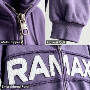 Sweat à capuche zippé personnalisé en chenille avec appliqué, pour homme, effet vieilli, bords bruts, coupe carrée, style streetwear, entièrement zippé, OEM ODM personnalisé - Product Image 2