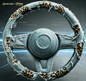 Accessoires intérieurs de voiture innovants transfrontaliers, housse de <span class=keywords><strong>volant</strong></span> universelle en denim de lin à imprimé léopard tendance - Product Image 3