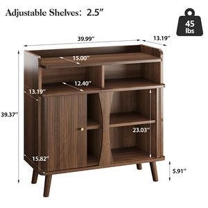 Buffet Decofy 39 pouces, style Mid-Century Modern, portes coulissantes Shaker, 4 étagères réglables, 2 tiroirs, bois massif - Product Image 2