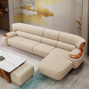 Canapé en cuir de vachette véritable de style européen, bois massif doré noble, mobilier de salon haut de gamme de luxe pour appartement et villa - Product Image 4